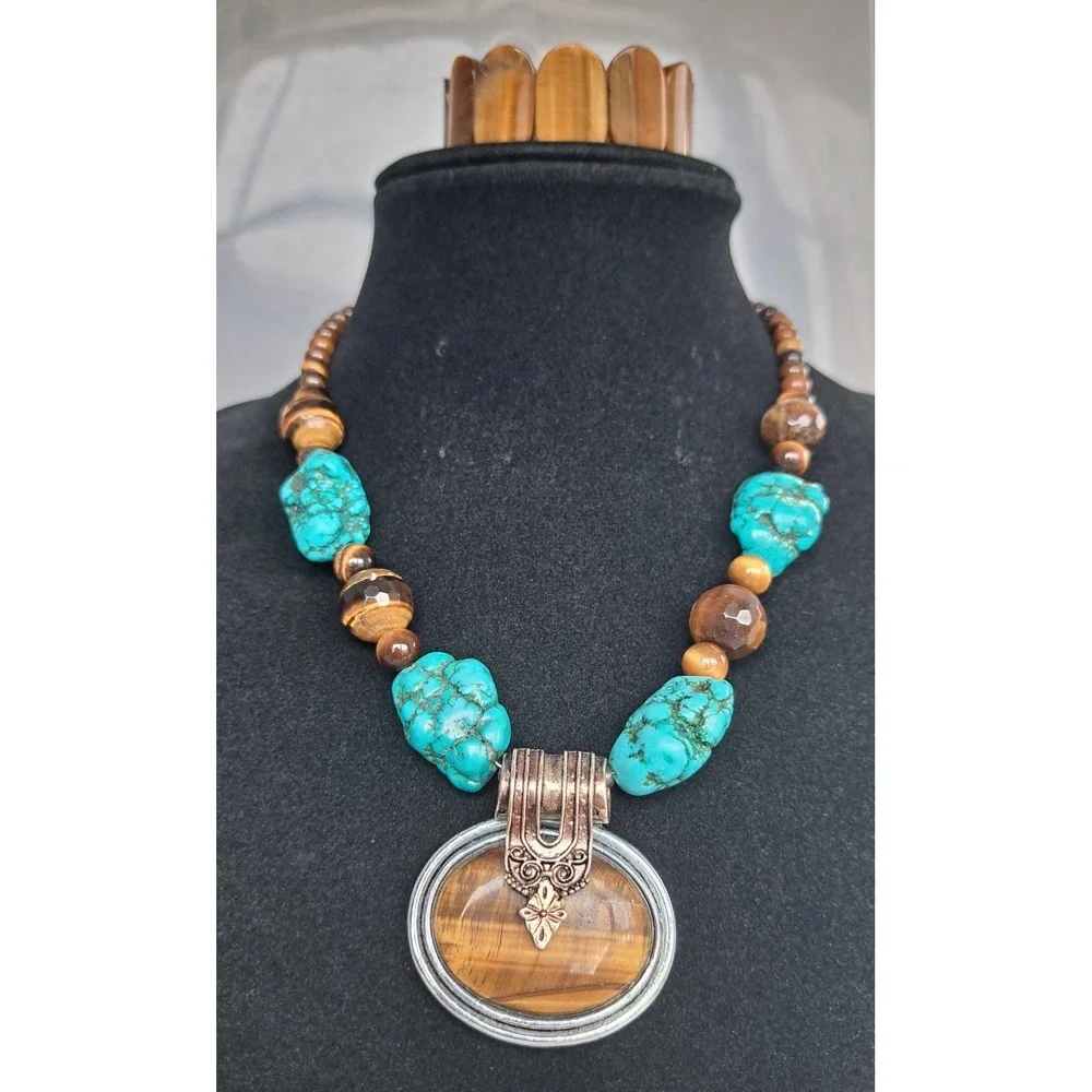 Turquoise Tigers Eye Beaded Necklace Pendant and Stretch Bracelet Jewelry Set